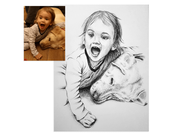 Ink portrait of child with pet