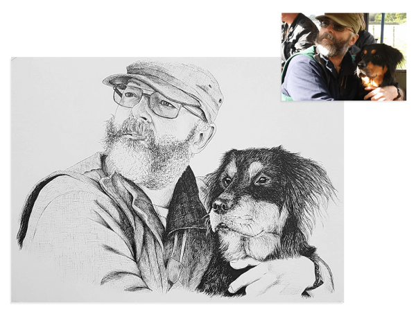 Ink portrait of man with his dog