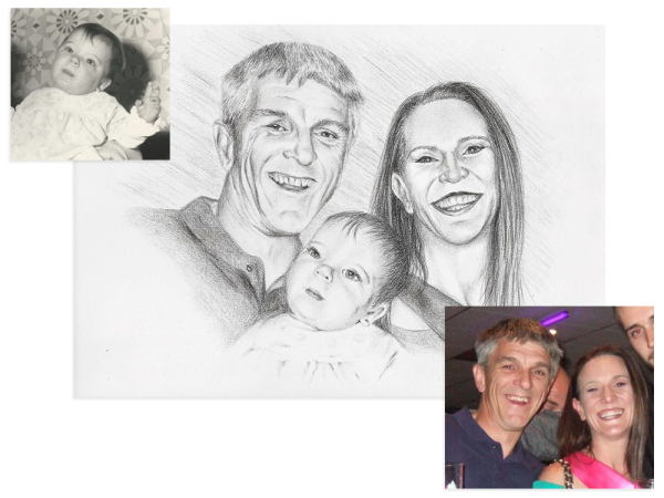 Family pencil portrait from two photos