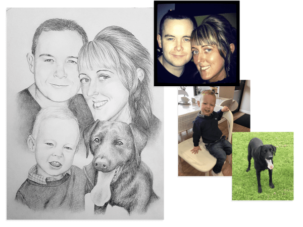Family and pet pencil portrait from three different photos